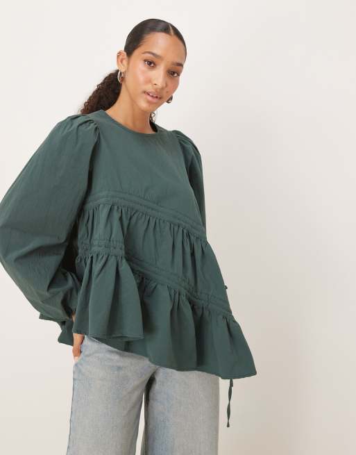 Ghospell - Top verde bosco con dettagli asimmetrici con coulisse