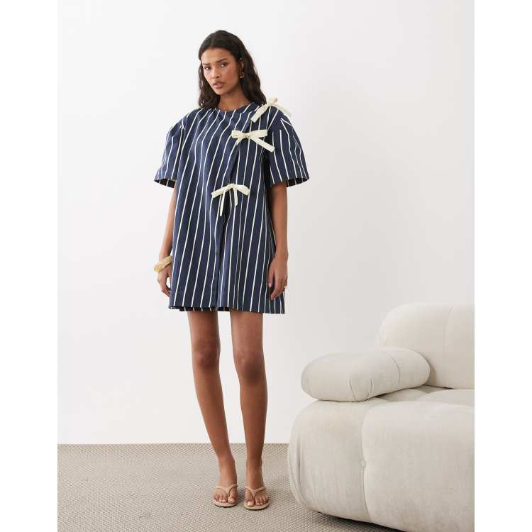 Ghospell triple bow short sleeve mini dress in navy striped denim