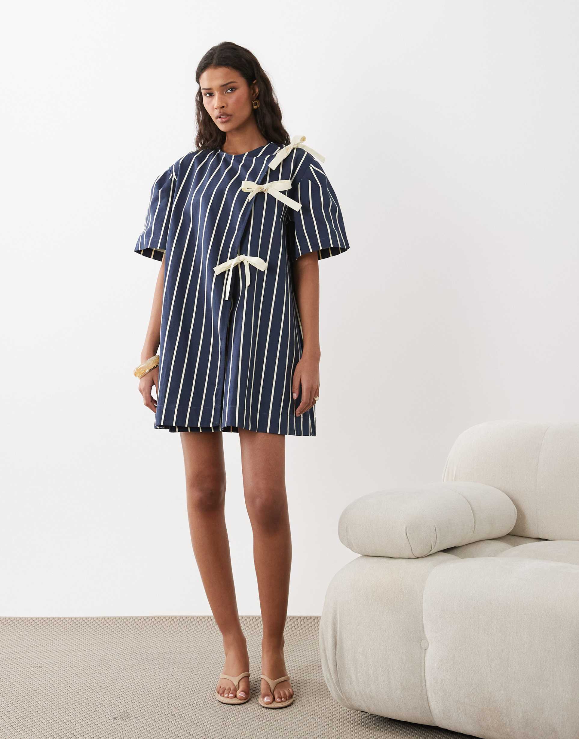ghospell triple bow short sleeve mini dress in navy striped denim