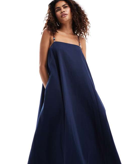 Ghospell Ula beaded strap cotton maxi dress in navy | ASOS