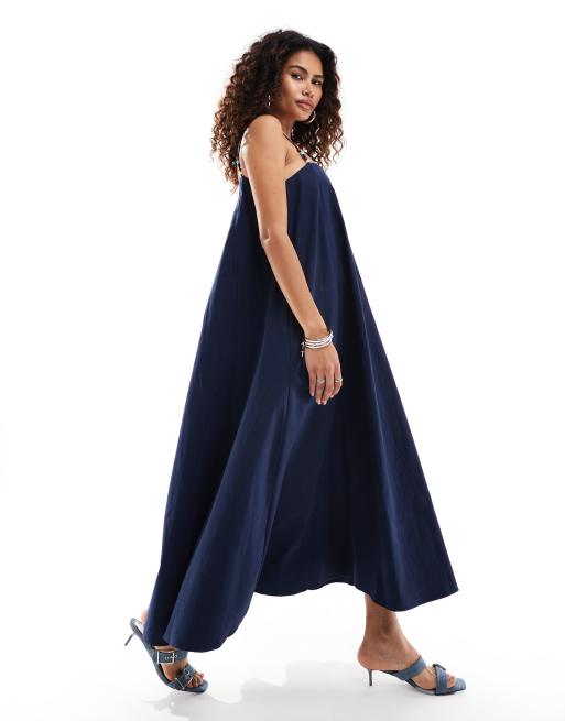 Ghospell - Ula - Vestito lungo in cotone blu navy con perline sulle spalline