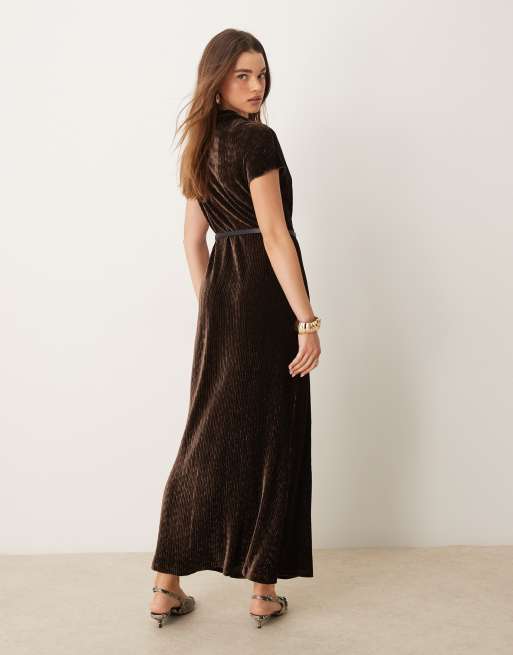 white christmas dresses Velvet Long Sleeve Maxi Dress in Chocolate Brown