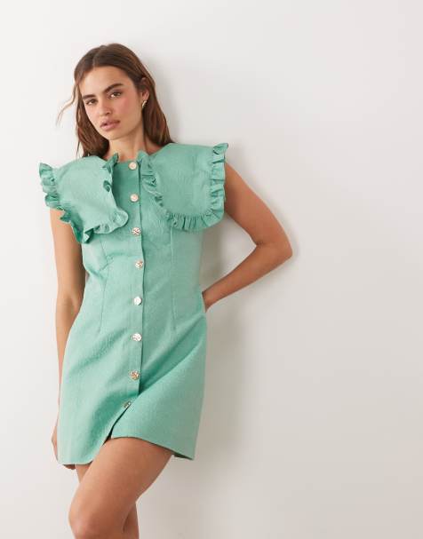 Ghospell - Vestido corto verde extragrande sin mangas con ribete de volantes en las solapas de jacquard - view 1