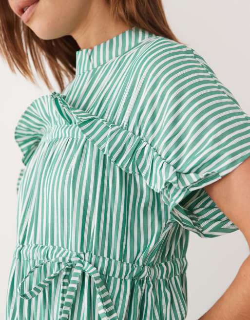Ghospell - Vestido midi a rayas verdes con mangas abullonadas y detalle de cordón ajustable, 3 de 4