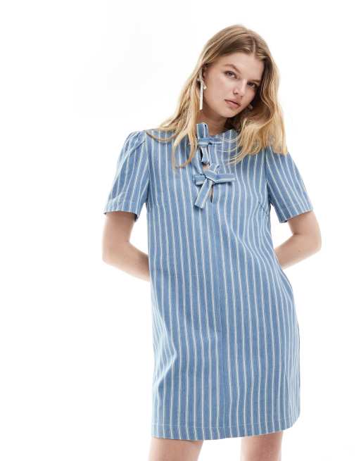 Ghospell - Vestito a trapezio corto blu a righe con fiocco in coordinato