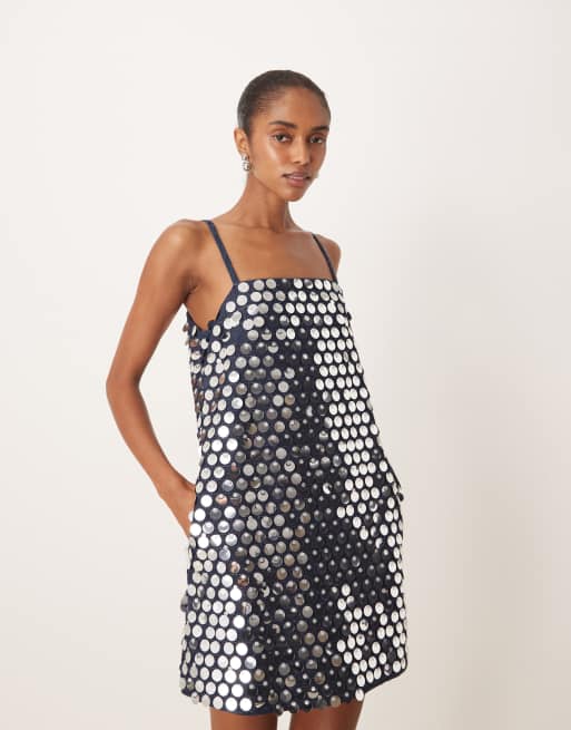 Ghospell - Vestito a trapezio corto in denim con paillettes color argento