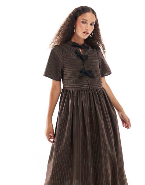 Ghospell - Vestito camicia midi marrone tono su tono con fiocchi - view 1
