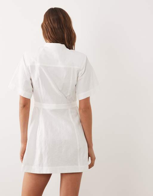 Ghospell - Vestito corto avvolgente a maniche corte in jacquard bianco con fiocco, 4 di 4