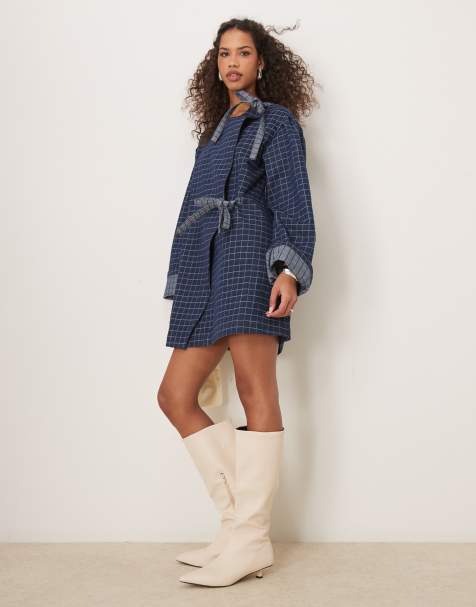 Ghospell - Vestito corto in denim blu a quadri con fiocchi - view 1
