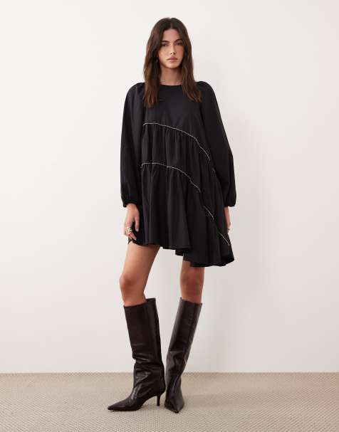 Ghospell - Vestito corto nero in misto cotone con perline e orlo asimmetrico - view 1