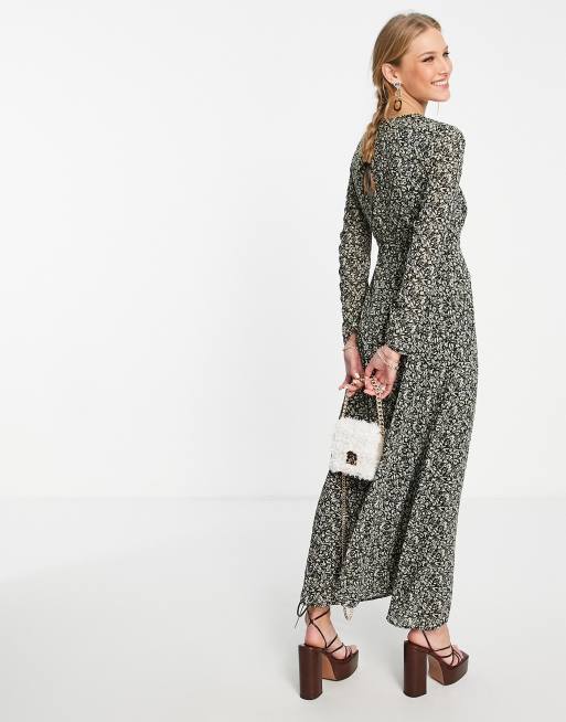 Ghospell - Vestito lungo a maniche lunghe con cut-out con stampa con fiori invernali scuri, 4 di 4