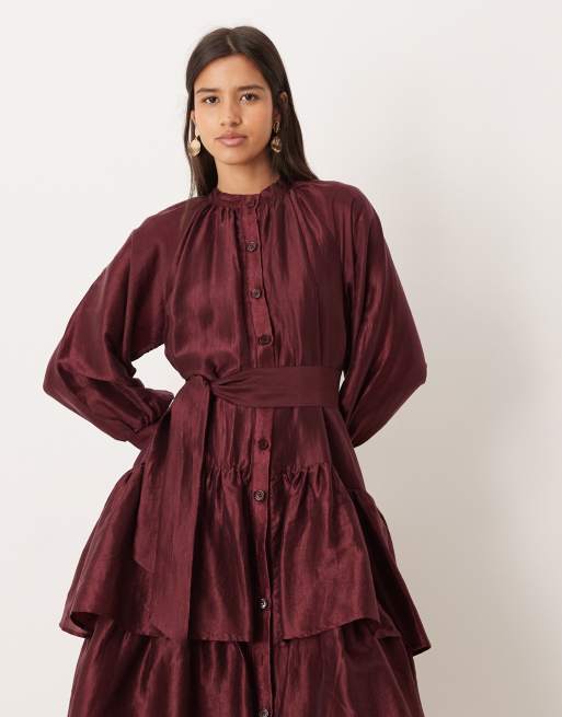 Ghospell - Vestito midi a balze bordeaux oversize con bottoni, 2 di 4