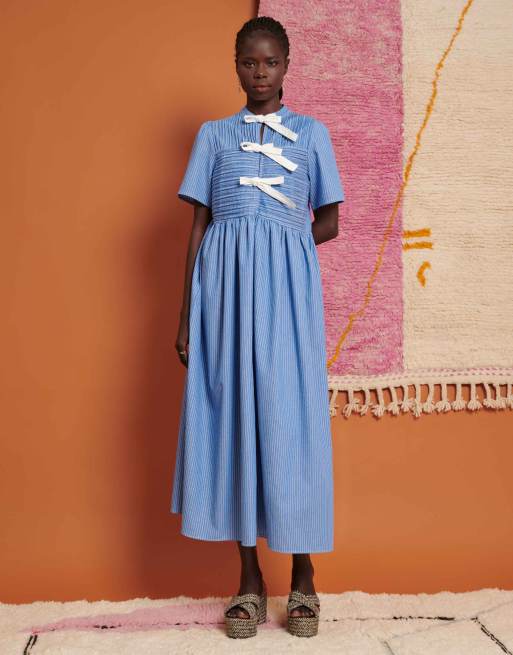 Ghospell - Vestito midi stile camicia blu a righe con fiocco