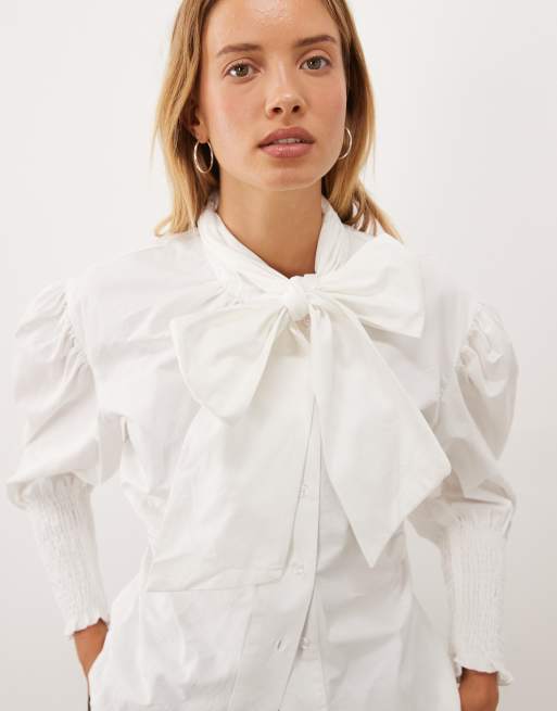 Ghospell Vittoria blouse van katoenmix met oversized strik en gerimpelde mouwen in wit, 4 van 4