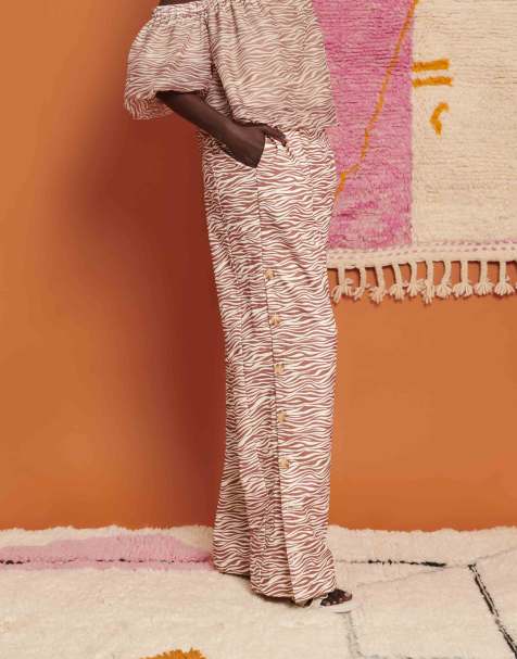 Ghospell zebra wide leg trousers in light brown co-ord - view 1