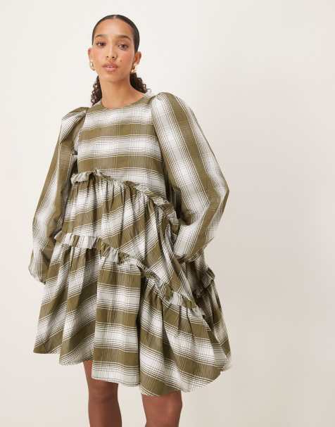 Ghospell ruffle aysmmetric mini dress in green stripe