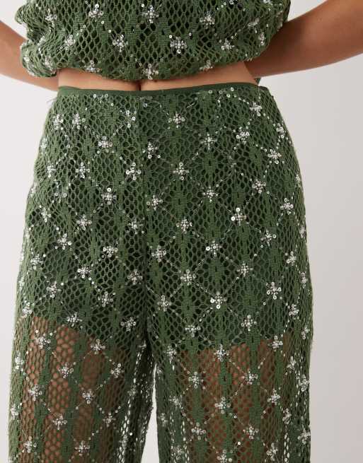 Ghospell - Zuma - Pantalon droit d'ensemble ornementé à taille haute - Vert foncé, 5 de 5
