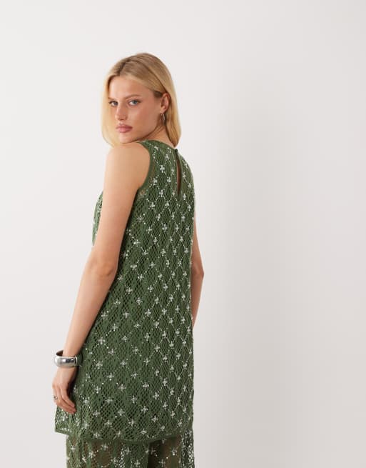 Ghospell - Zuma - Robe d'ensemble courte ornementée sans manches - Vert foncé, 4 de 4