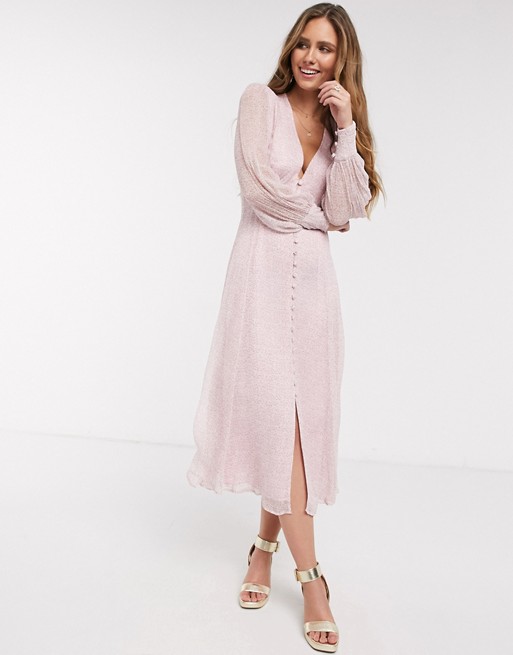 Ghost adorlee georgette floral button down midi dress in pink