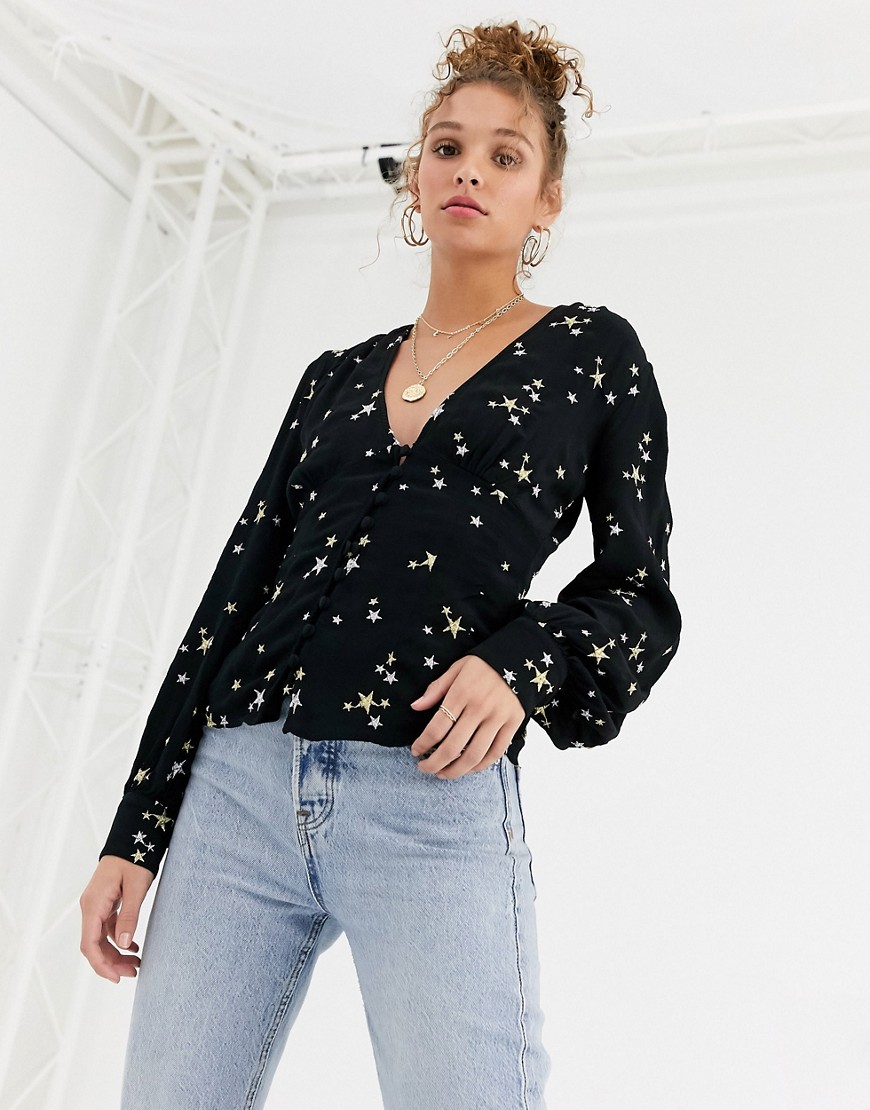 Ghost amina top with star embroidery-Black