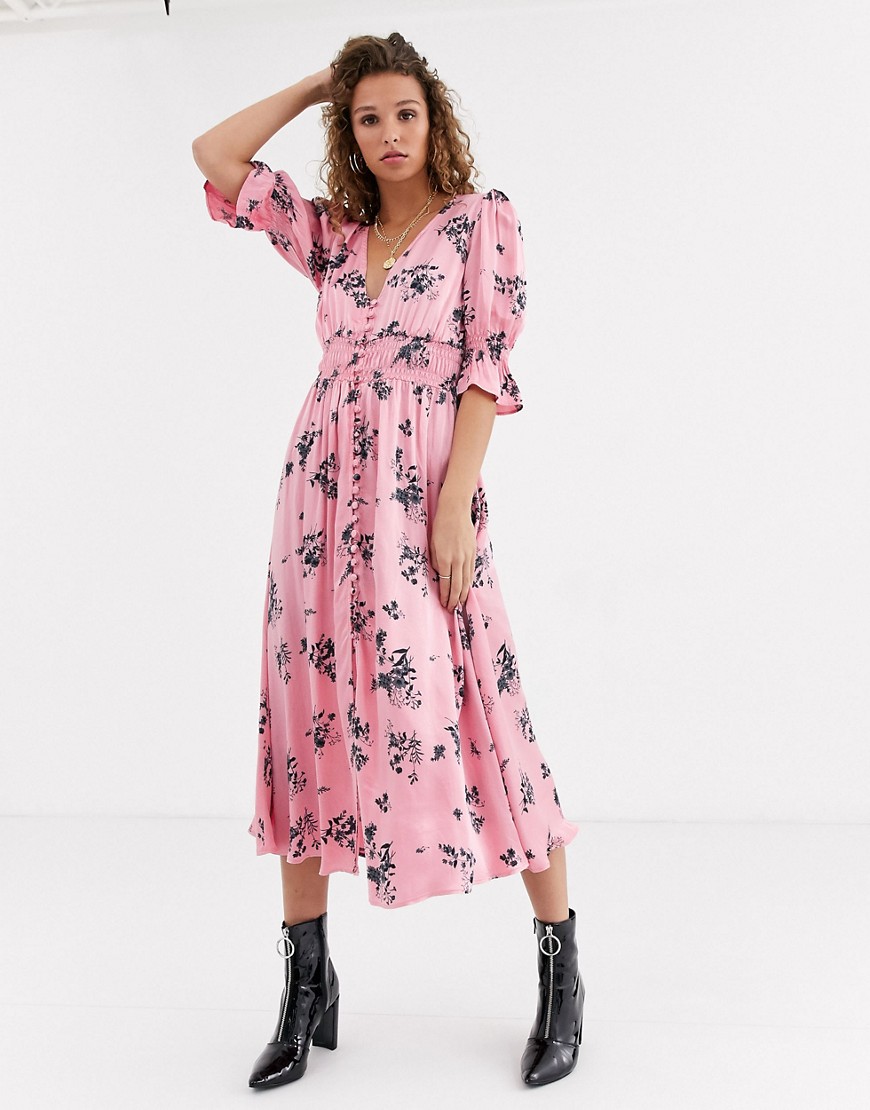 Ghost - Anna - Satijnen midi-jurk met print-Roze