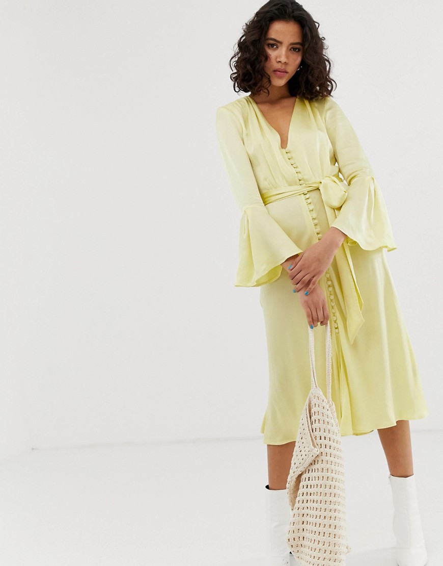 Ghost Annabelle button front satin midi dress-Yellow