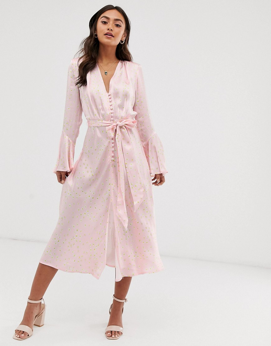 Ghost annabelle satin button front midi dress in daisy print-Pink