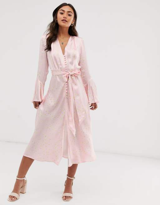 Ghost annabelle satin button front midi dress in daisy Ghost annabelle satin button front midi dress in daisy