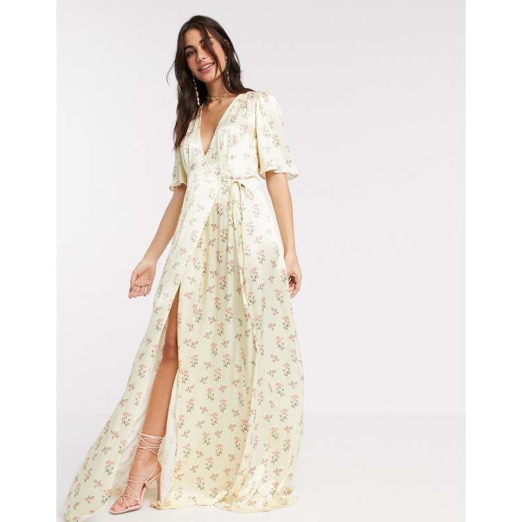 Ghost Bridesmaid perla floral printed satin wrap maxi dress in