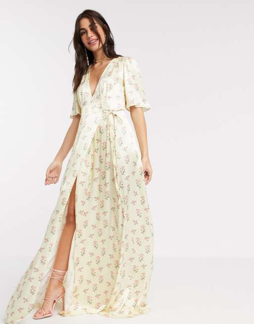 Ghost Bridesmaid perla floral printed satin wrap maxi dress in