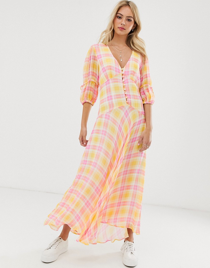 Ghost check print midi dress with puff sleeves-Multi