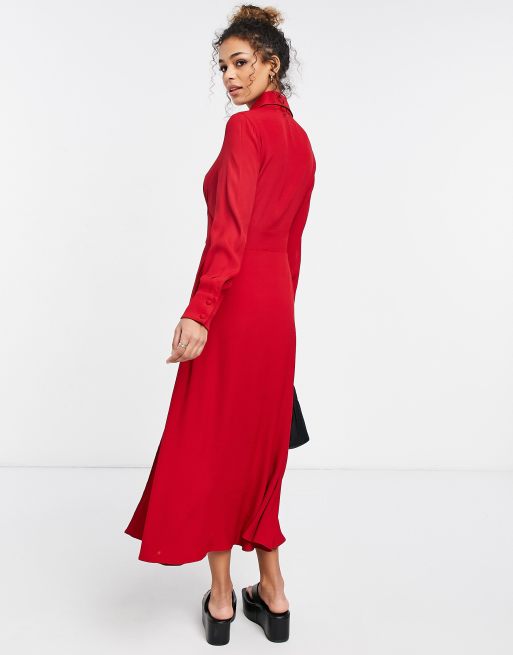 Ghost Claudette dress with long sleeves and side slit in red