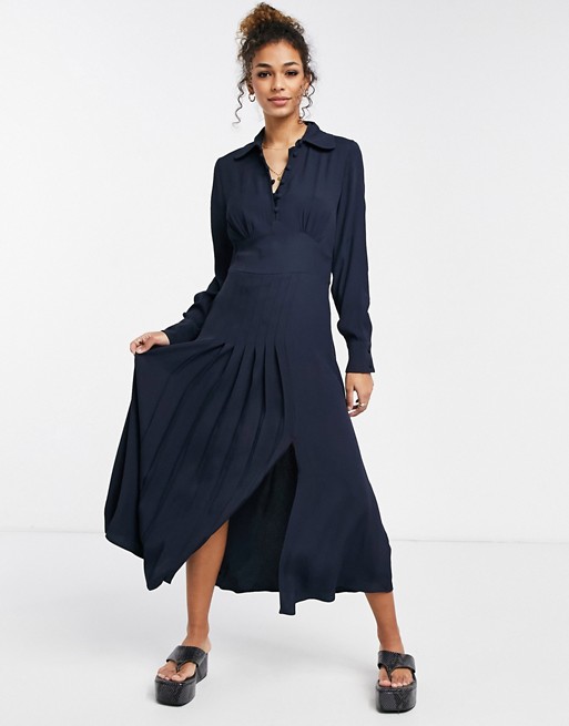 Ghost Claudette dress with long sleeves and side split in navy