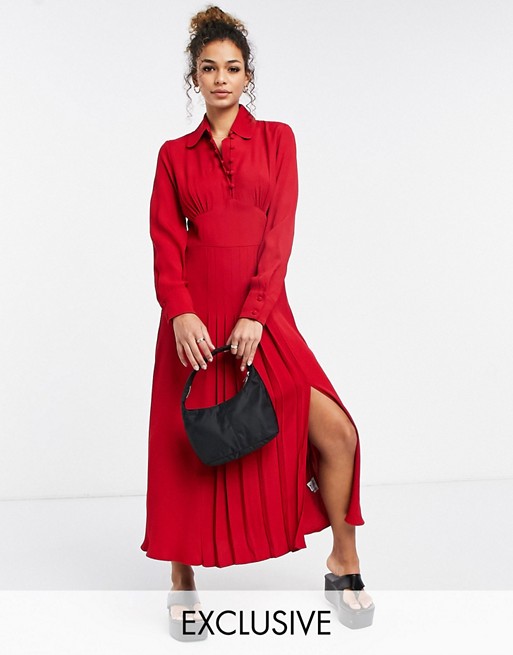 Ghost Claudette dress with long sleeves and side split in red