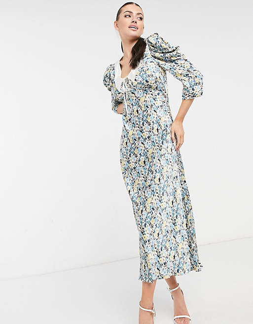  Ghost Essie midi dress with collar detail in blue floral 