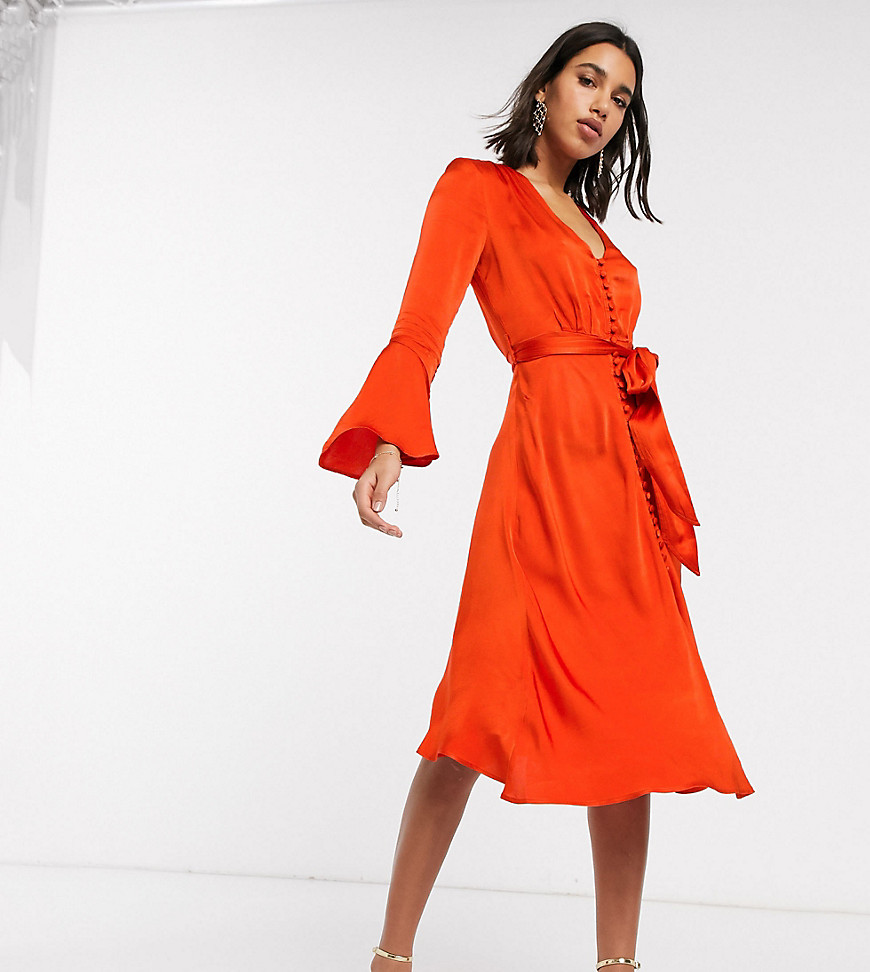 Ghost - Exclusief - Annabelle - Midi-jurk van satijn met knopen aan de voorkant en uitlopende mouwen-Oranje
