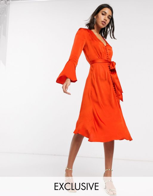 Ghost exclusive annabelle satin button front midi dress with flare sleeves