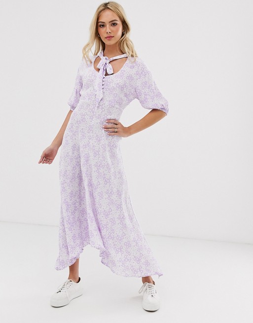 Ghost hanky hem floral midi dress with button front and tie neck