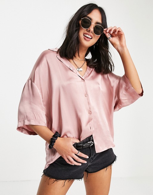 Ghost Harlow short sleeved satin shirt in baby pink