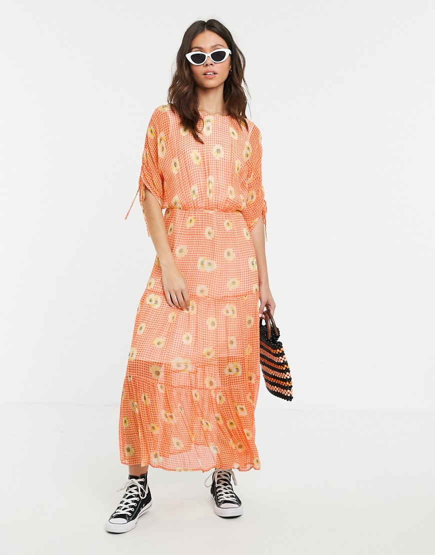 Ghost - Hoogsluitende midi-jurk met ruiten en madeliefjesprint-Oranje