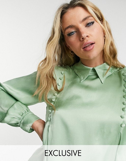Ghost Jenni satin blouse with button detail in sage green