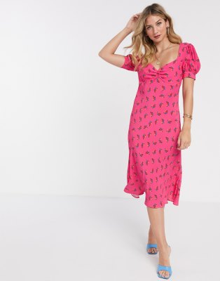 Ghost Laure Satin Floral Midi Dress In Pink