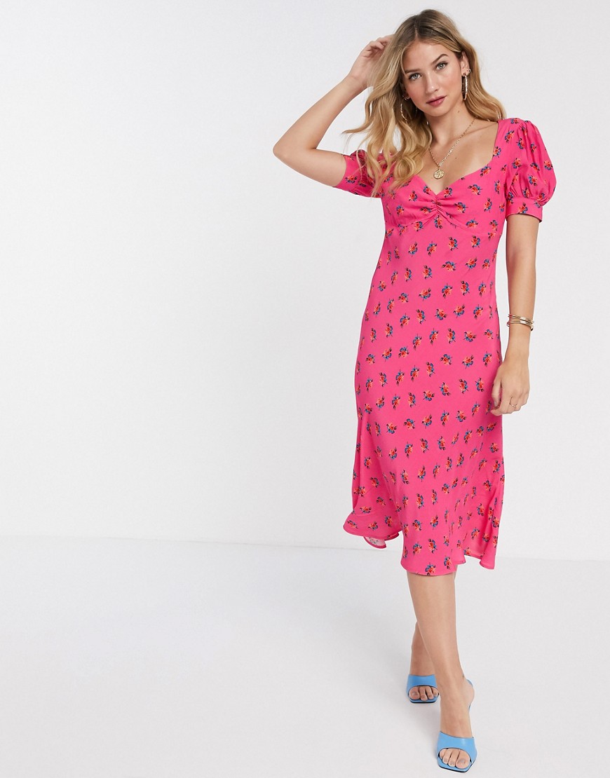 Ghost Laure Satin Floral Midi Dress In Pink