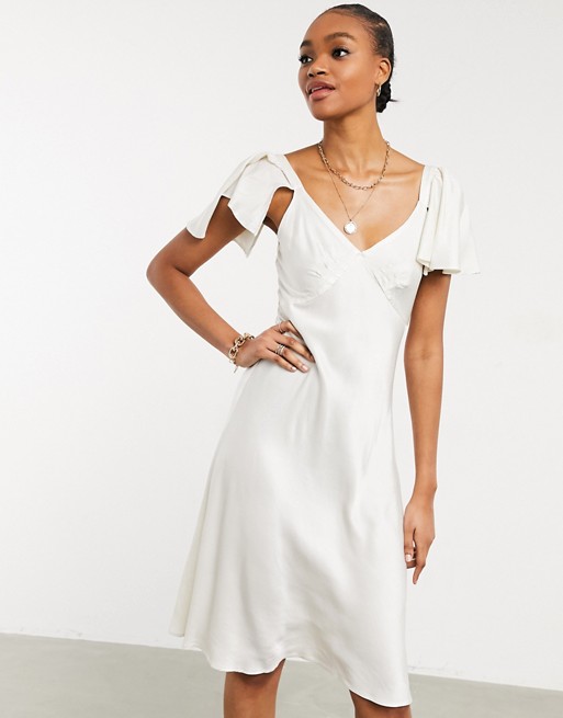 Ghost London Bridal satin midi dress with flutter sleeve in ivory