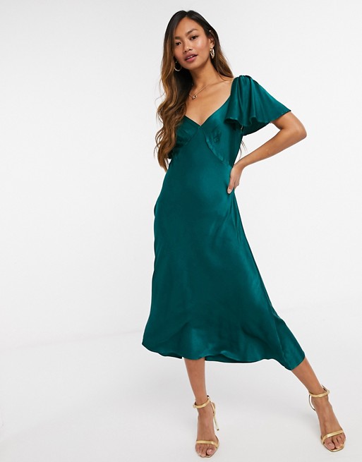 Ghost London bridesmaids satin midi dress with flutter sleeve in emerald