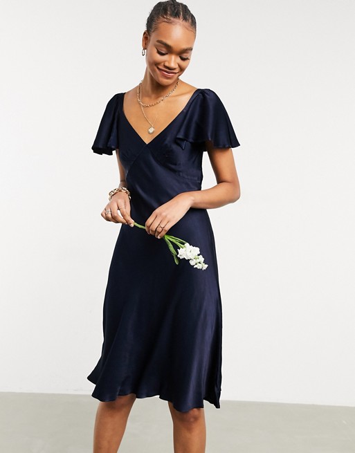 Ghost London bridesmaids satin midi dress with flutter sleeve in navy