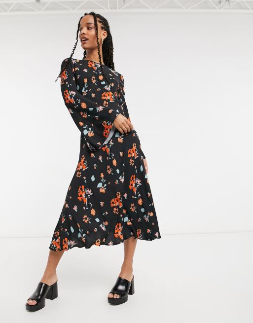 Black floral midi tea sales dress