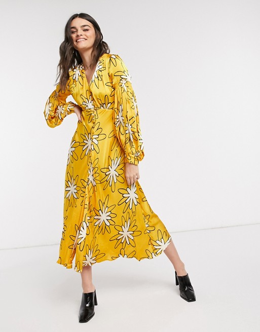 Ghost London midi dress in abstract floral in yellow