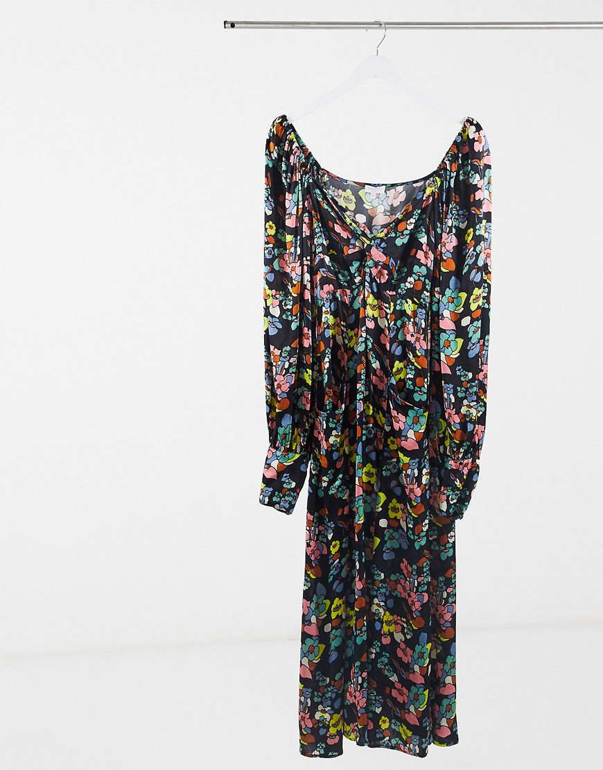 Ghost London - Midi-jurk in melkmeisjesstijl met bloemenmotief op zwarte basis-Multikleur