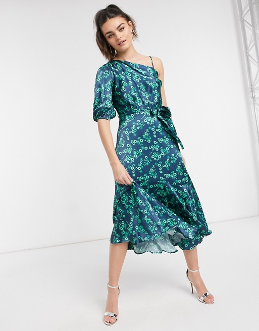 Ghost London one shoulder midi dress with tiered hem in navy floral